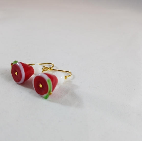 Hand Crafted Earrings Santa Hat Red White Green Pierced Dangle - Picture 5 of 5